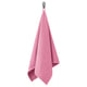 Bright pink VÅGSJÖN towel hangs neatly on a hook, featuring a soft, textured terry design made of 100% cotton.