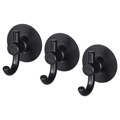Three identical black wall hooks with round bases and curved hook designs, ideal for hanging items.