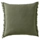 Green VALLKRASSING toss pillow, square with fringe edges, soft cotton muslin.