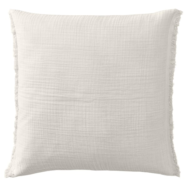 Square cream-colored throw pillow, soft cotton muslin, crinkled texture, zip closure.