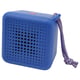 This image shows a blue, square-shaped VAPPEBY speaker with a coloured rope handle. It has a waterproof, portable design with a dot-patterned front.