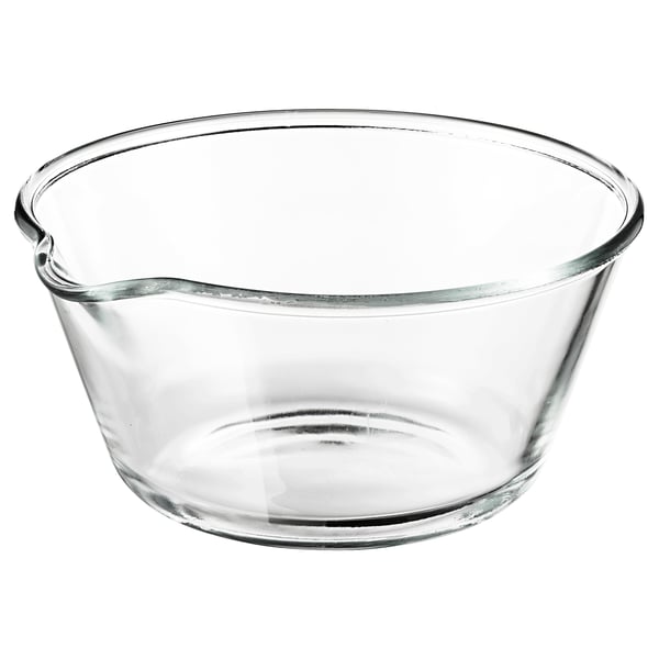 Clear glass mixing bowl with a handle and spout, perfect for kitchen use.