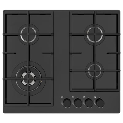 Black glass gas hob with four burners and electronic ignition.