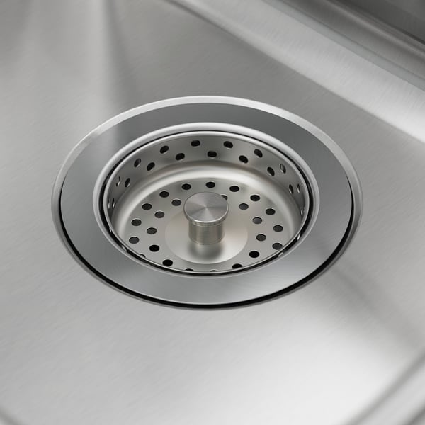 Stainless steel sink drain with strainer, polished finish, central plug, quality look, smooth edges.