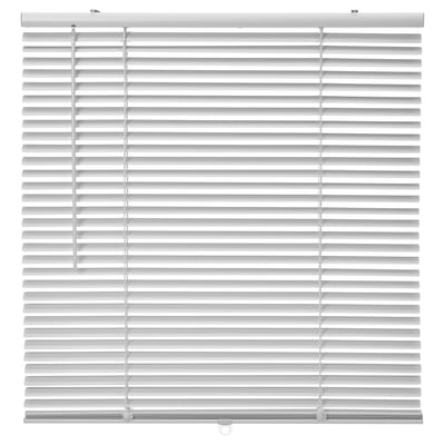 White venetian blinds with horizontal slats and a tilt control wand.