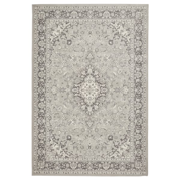 VEDBÄK rug, grey, rectangular, intricate floral design, synthetic materials.