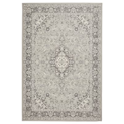 VEDBÄK rug, grey, rectangular, intricate floral design, synthetic materials.