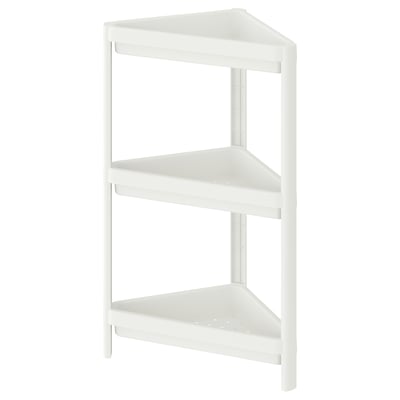 A white corner shelf named VESKEN with three tiers, designed for small spaces, made of polypropylene plastic.