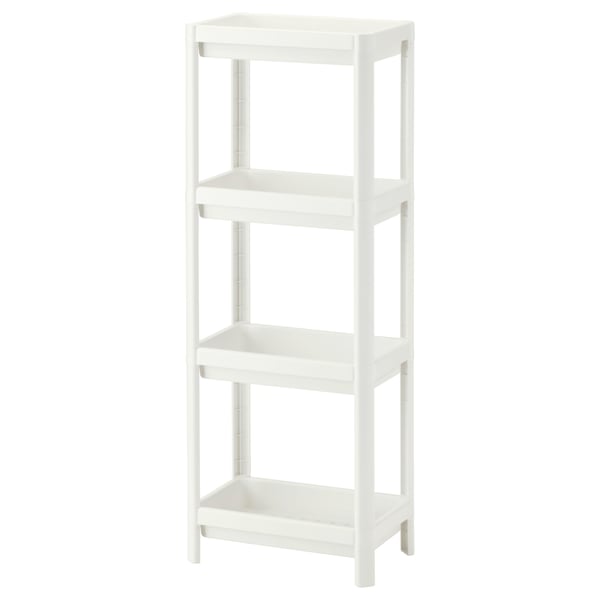 A white VESKEN storage shelf, featuring three square shelves with high edges, ideal for bathroom use.