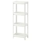 A white VESKEN storage shelf, featuring three square shelves with high edges, ideal for bathroom use.
