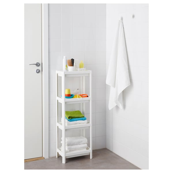 White bathroom shelf VESKEN holds towels, toiletries, keeps items organised, high edges for stability.
