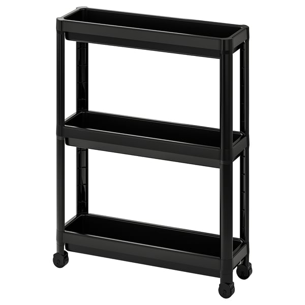 A black, three-tiered, plastic storage trolley on wheels.