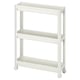 A white plastic rolling storage cart with three shelves for bathroom use.