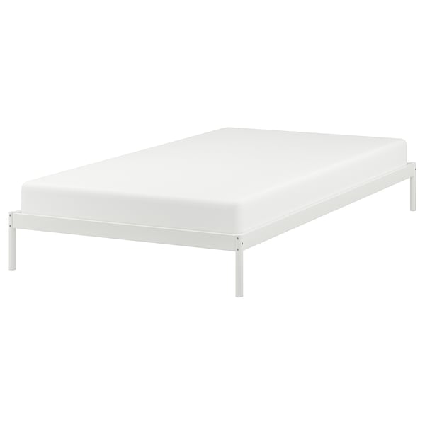 VEVELSTAD white metal bed frame with clean, minimalist design.