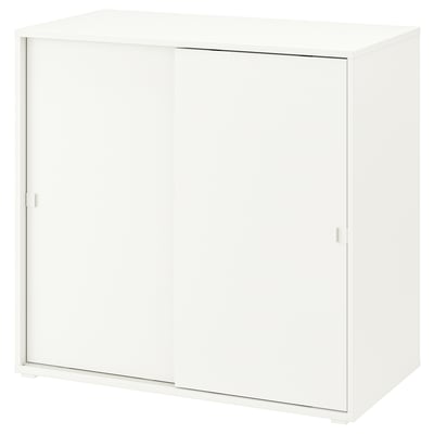 A white VIHALS cabinet with sliding doors. The modern design fits well in small spaces and is made of acrylic paint and particleboard.