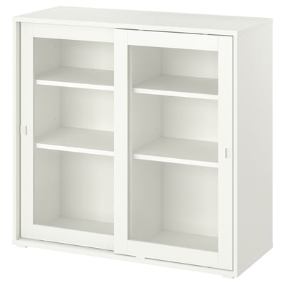 A white VIHALS cabinet with glass doors, suitable for small spaces. It has a sleek design and sliding doors.