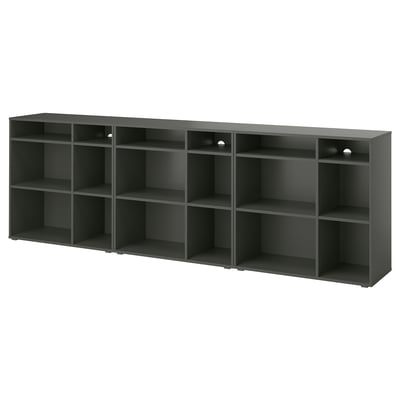 VIHALS open storage unit in dark grey, rectangular shape with 12 shelves, made from particleboard, ideal for organising and displaying items.