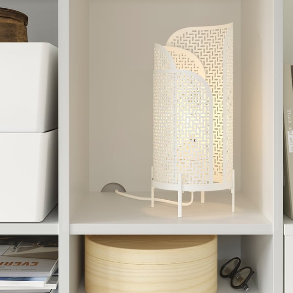 VIHALS white storage shelves, modern design, with lattice lamp.