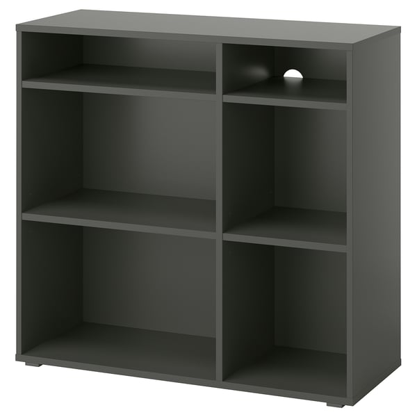 Black VIHALS cube storage with open shelves, four sections for organising.