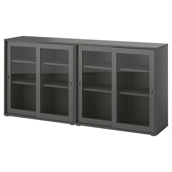 VIHALS grey storage unit, 3 sliding glass door cabinets.