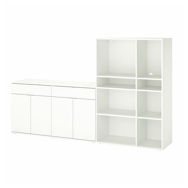 Displays white VIHALS storage furniture, including a sideboard and a shelving unit, featuring clean lines and modern design.