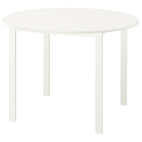 VIHALS white round dining table, sleek and modern design, made of particleboard and steel, inviting for social gatherings.