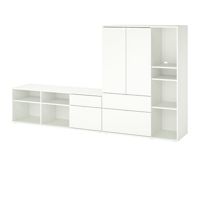 Modern white tv storage unit with shelves, drawers & cabinets for functional organization.