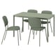 A green VIHALS dining set with a rectangular table and four matching chairs, featuring modern, upholstered seats and metal legs.
