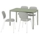 Modern green extendable dining table with four grey fabric chairs.