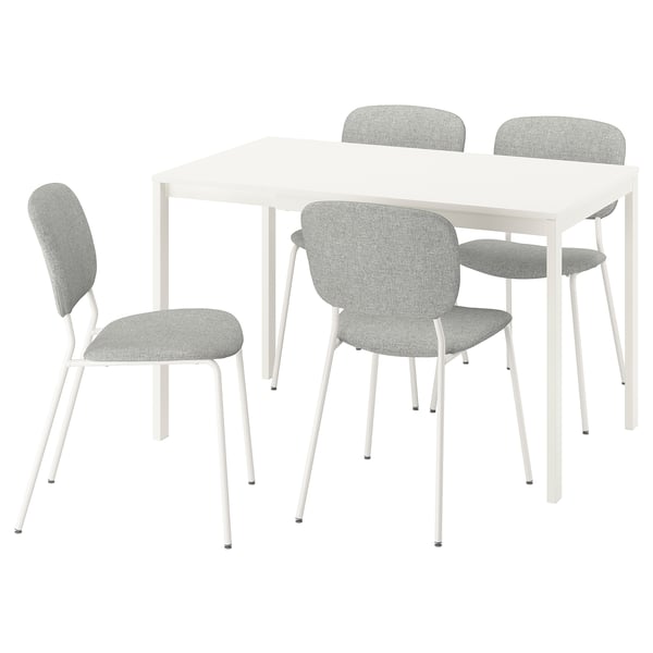 A white VIHALS dining set with a rectangular extendable table and four light grey fabric chairs with white legs.