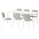 A white VIHALS dining set with a rectangular table and six grey upholstered chairs. The design is clean and modern.