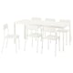A white VIHALS dining set with a rectangular extendable table and four chairs in a modern, minimalist design.