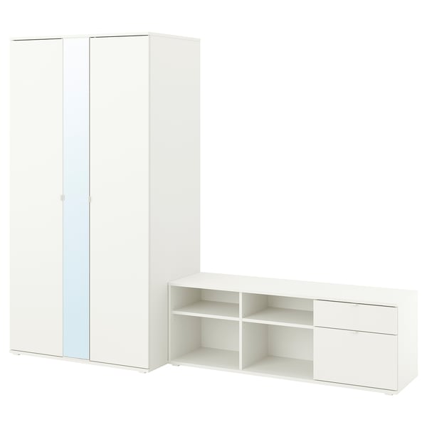 White VIHALS wardrobe with mirrored doors & tv stand with shelves & drawers, renewable materials.
