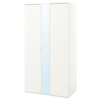 A white VIHALS wardrobe with a full-length mirror door, featuring a sleek, modern design made from renewable materials.