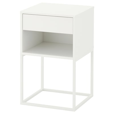 VIKHAMMER white bedside table with drawer and open shelf, sleek modern design.