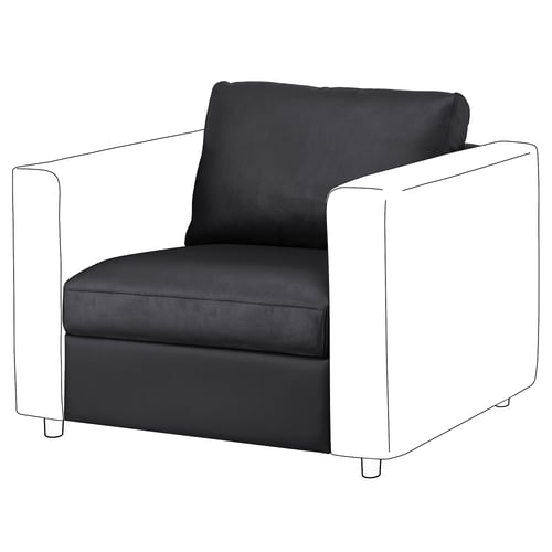 A modern black and white VIMLE armchair, featuring clean lines and plush cushions.