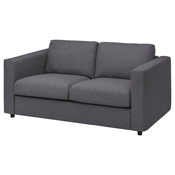 Dark grey modern sofa with two cushions, sleek design & sturdy build.