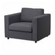 VIMLE grey chair; modern, boxy design; dark fabric; wooden legs.
