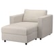 A beige VIMLE chaise lounge with a storage compartment, upholstered in gunnared polyester fabric.