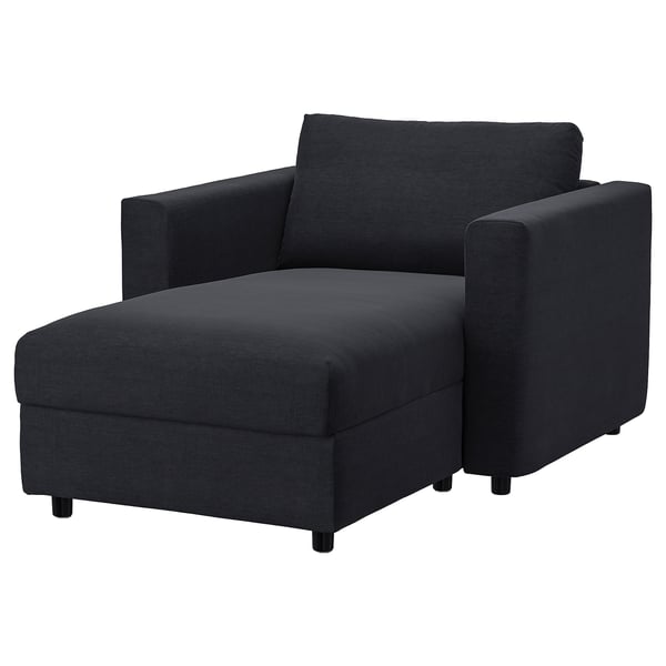 Black VIMLE sofa, modern design, dark corduroy fabric, l-shape with storage, firm seat.