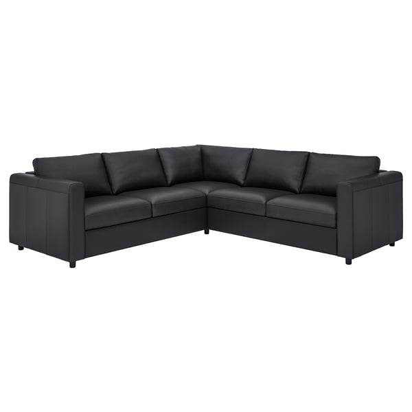 Displays a black l-shaped VIMLE sectional sofa with smooth grain leather and coated fabric, featuring clean lines and multiple cushions.