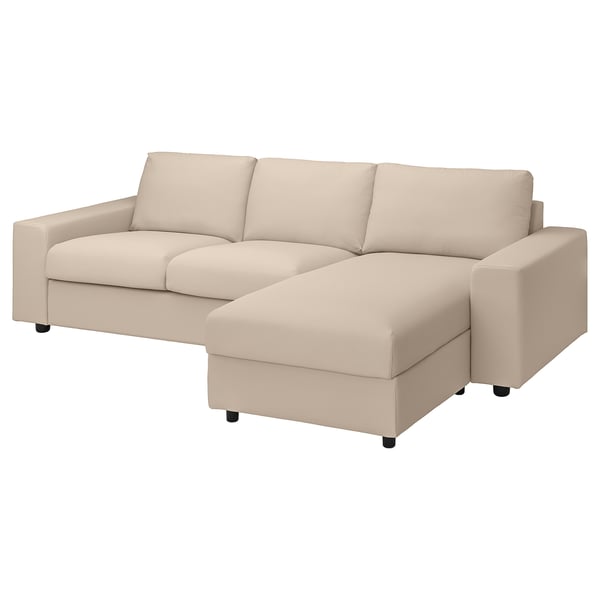 Beige ikea VIMLE sectional sofa with chaise, modern design, hallarp fabric.