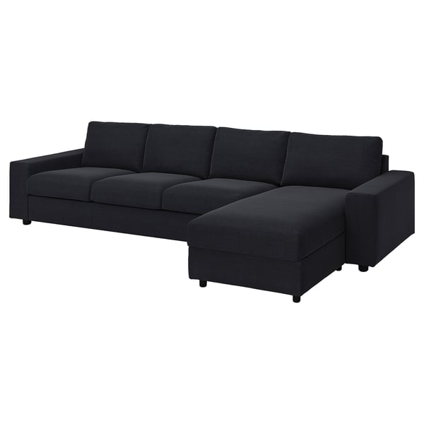 Black VIMLE sectional sofa with chaise, modern design, soft upholstered fabric.