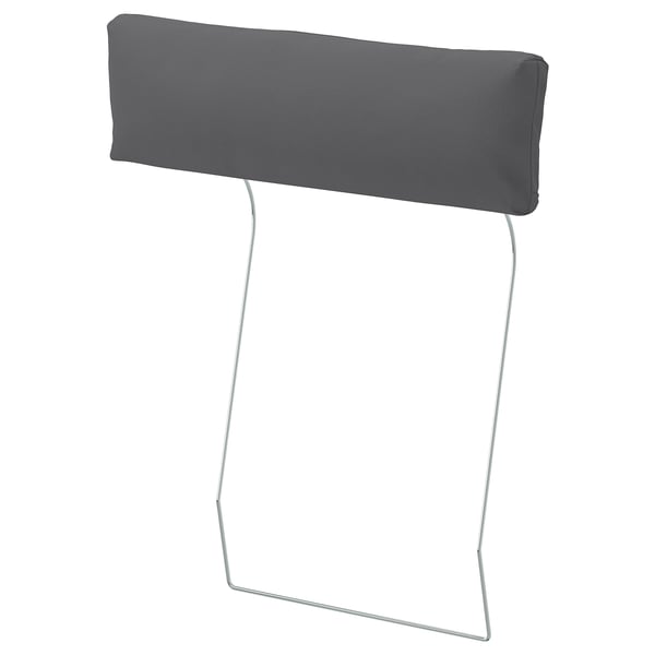 The VIMLE headrest cover is grey, rectangular, and made from cotton and polyester. It has a two-tone texture and attaches to metal hooks.