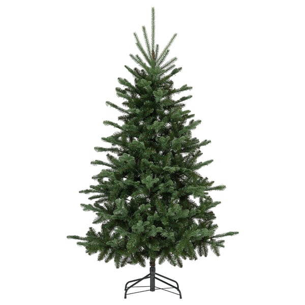 Christmas tree, green, artificial, plastic and metal, conical shape, simple design.