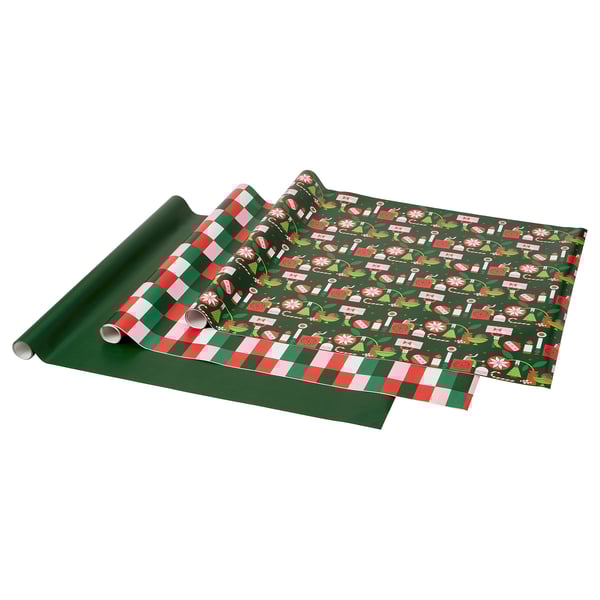 Green and red plaid gift wrap, VINTERFINT, rolled, festive design.