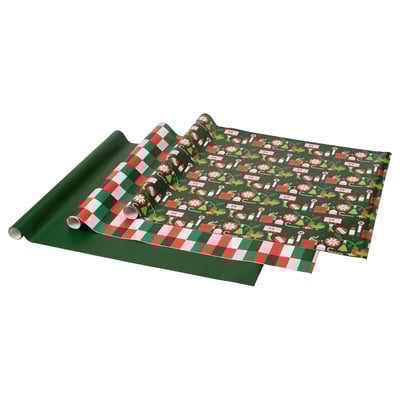 Green and red plaid gift wrap, VINTERFINT, rolled, festive design.
