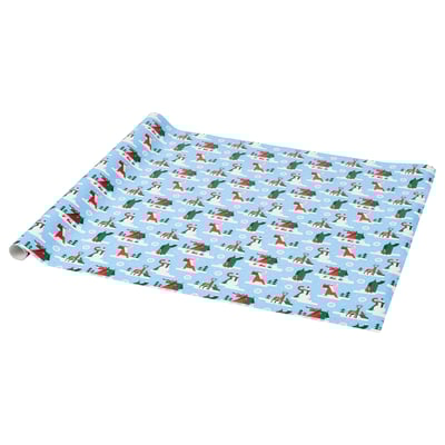 Light blue gift wrapping paper with repeating holiday graphics. Santa, reindeer, and trees on light blue background.