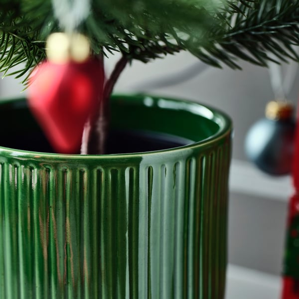 Green VINTERFINT plant pot with subtle stripes. Ceramic, fits small tree, decorative indoor/outdoor.