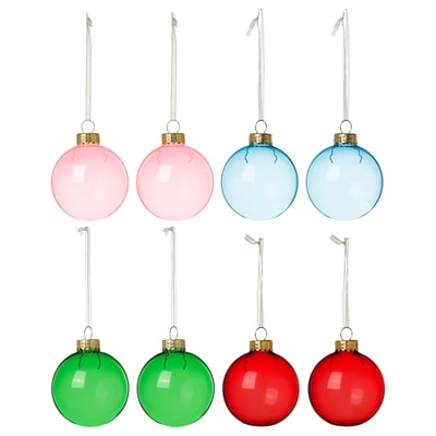IKEA VINTERFINT: set of 8 round glass christmas ornaments in red, green, and blue with gold caps and hanging loops.